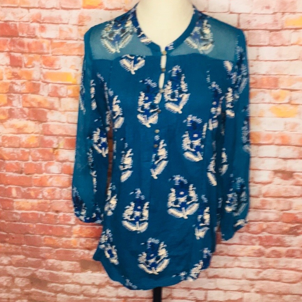 Lucky Brand Blue and White Semi Sheer Floral Button Down Boho Blouse